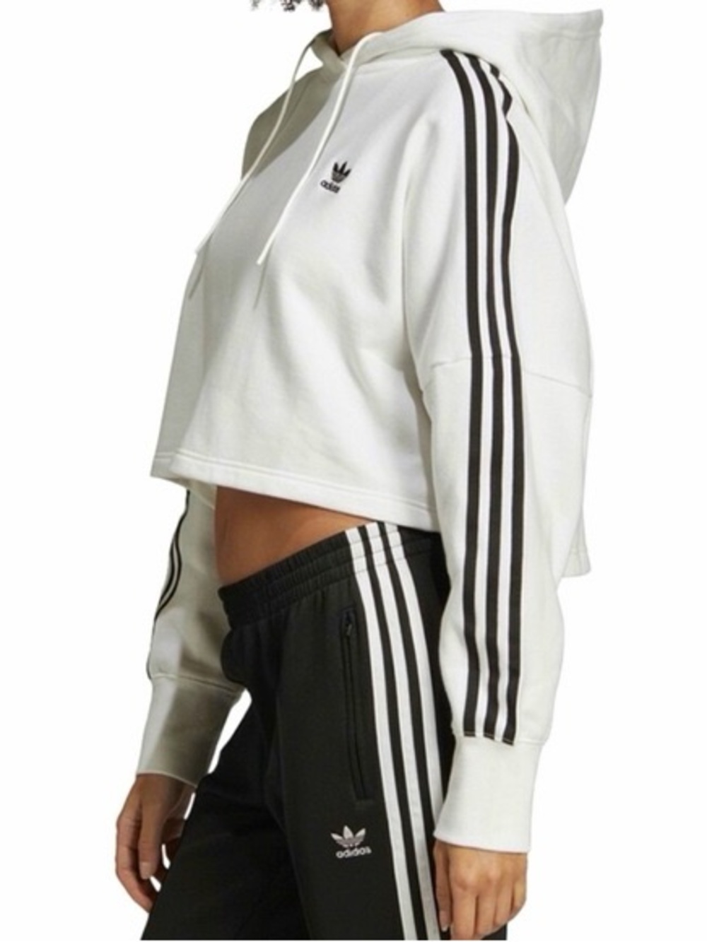 adidas White Cropped Hoodie with Black Stripes